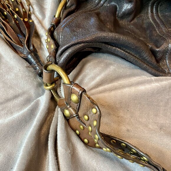 BOTKIER VINTAGE BOMBAY BURGUNDY/BROWN GOLD STUDDED TALL LEATHER HANDBAG - Picture 7 of 12